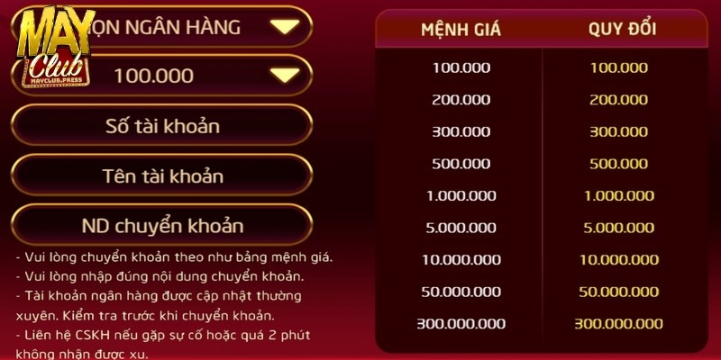 Tăng số dư ví game bằng cách chuyển khoản hỗ trợ hạn mức lớn